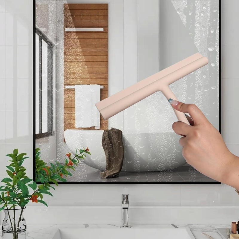 DEOFUXT Shower Squeegee for Glass Doors, Full Silicone Jacketed Squeegee with Ergonomic Handle & No-Drill Hook, Cleaning Tool for Windows, Mirrors, Tiles, Bathroom & Car - Beige - Image 2